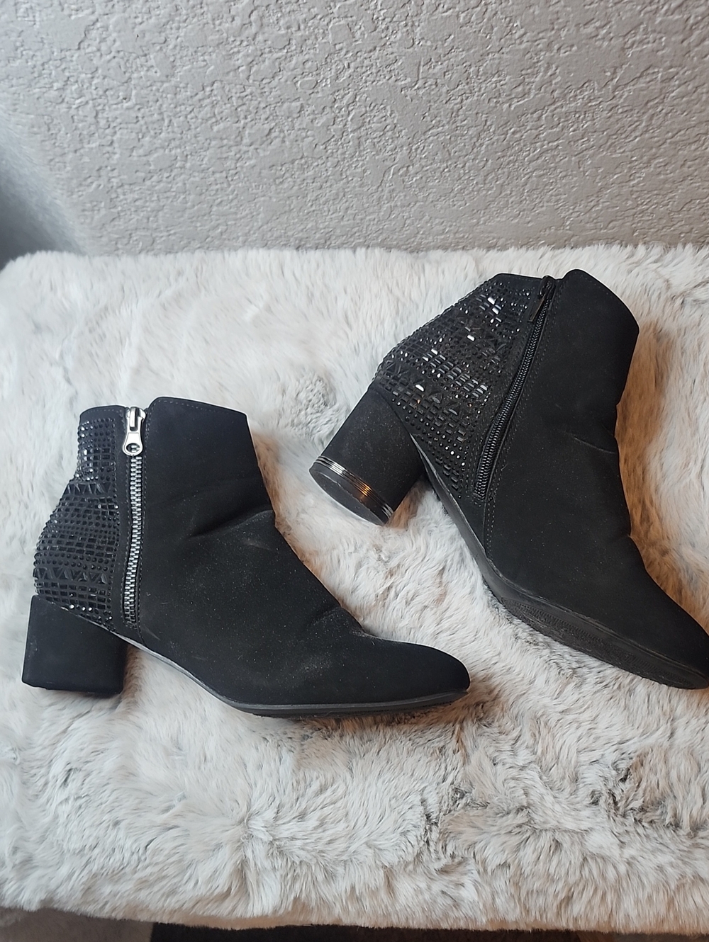 *3 For $10 Item London Fog Black Embellished Block Heel Ankle Booties